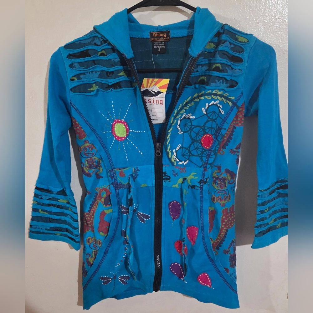 Rising International Girls Blue Boho Full Zip 3/4 Sleeve Sweatshirt Size 8 NWT